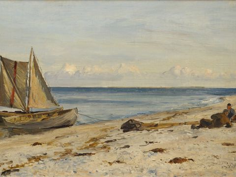 Otto BACHE 'Pêcheurs sur la plage'. Huile sur toile signée en bas à dr