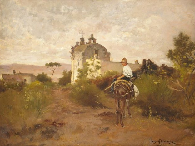 H. DERIDZEN 'Jeune paysan sur son ane'. Huile sur panneau, signée en b