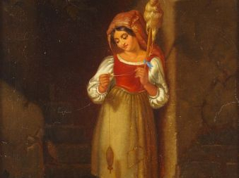 Ecole XIXème 'Jeune fileuse'. Huile sur toile. 27 X 20 cm