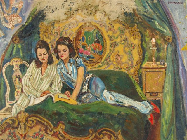 Mario CAVAGLIERI 'Lecture dans la chambre vénitienne'. Huile sur toile