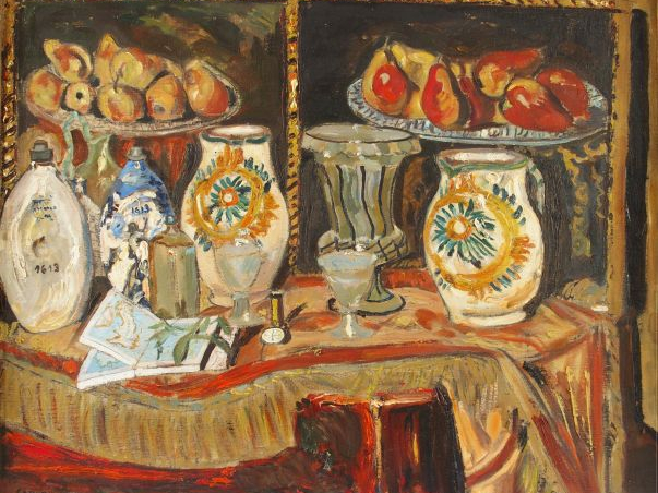 Mario CAVAGLIERI 'Nature morte aux faïences et aux fruits'. Huile sur 