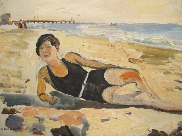 Mario CAVAGLIERI 'Baigneuse sur la plage d'Hossegor'. Huile sur toile,