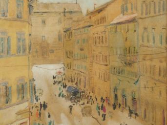 Mario CAVAGLIERI 'Rue animée'. Aquarelle sur papier. 28,5 x 20 cm à vu