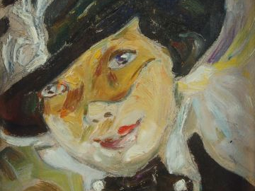 Mario CAVAGLIERI 'Jeune femme au chapeau et au loup'. Huile sur carton