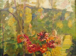 Vente aux enchères Mario CAVAGLIERI 'Bouquet de fleurs sur un entablement devant le parc'