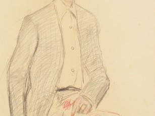 Mario CAVAGLIERI 'Jeune femme assise'. Dessin au crayon de couleurs, s