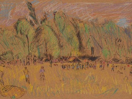 Mario CAVAGLIERI 'Campement scout à Peyloubère'. Dessin à l'encre et a