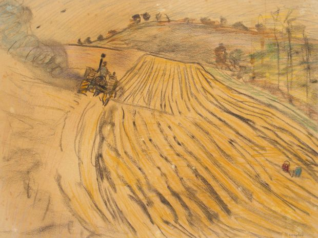 Mario CAVAGLIERI 'le labour'. Dessin au crayon de couleur et fusain. S