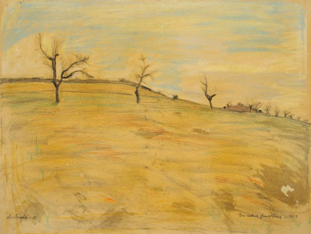 Mario CAVAGLIERI 'Les arbres fruitiers'. Dessin aux crayons de couleur