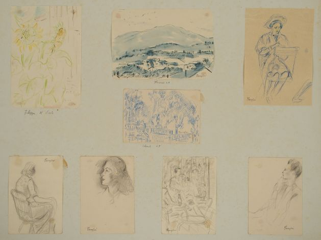 Mario CAVAGLIERI. Ensemble de 8 croquis au crayon , crayons de couleur