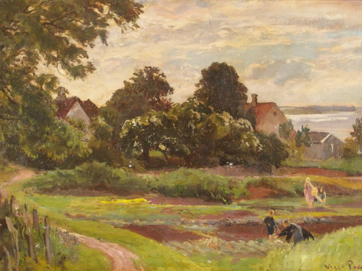 PEDERSEN. "Jeunes femmes au champs".  Huile sur toile, signée en bas à
