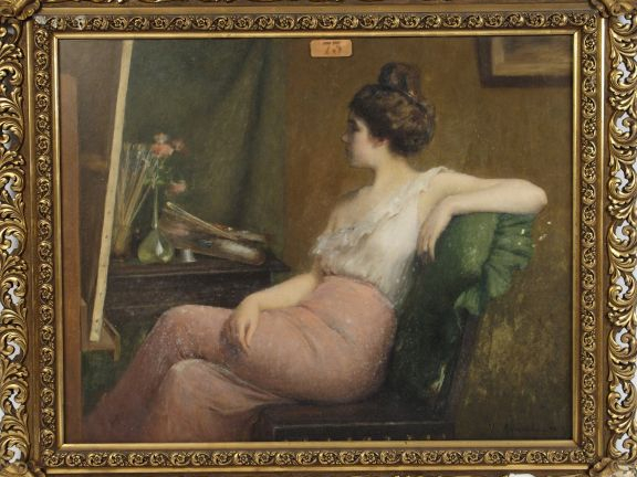 V. AYNARD 'Jeune peintre pensive'. Huile sur toile, signée en bas à dr