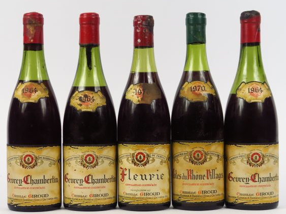 5 BOUTEILLES C. GIROUD : 3 GEVREY CHAMBERTIN 1964 2 à 6 cm/1 à 7 cm - 