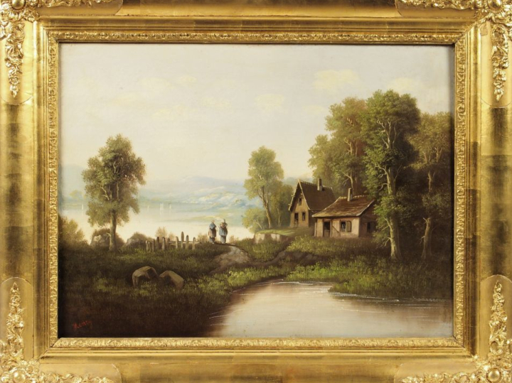 HENRY 'Paysage lacustre animé'. Huile sur toile, signée en bas à gauch