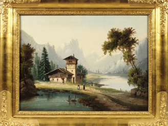 Vente aux enchères JABOUIN 'Paysage de montagne animé'. Huile sur toile, signée en bas à 