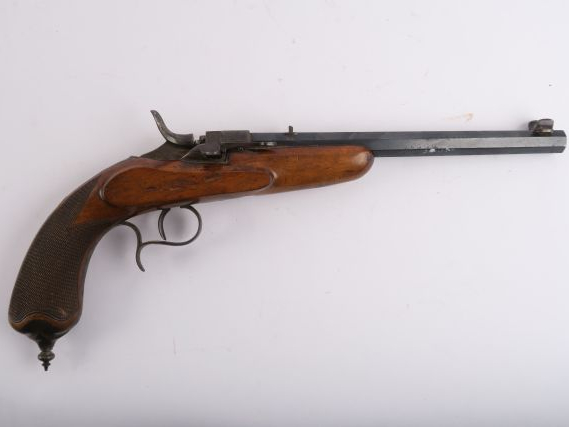 225-.Grand pistolet de tir à tabatière  à coffre et à canon octogonal 
