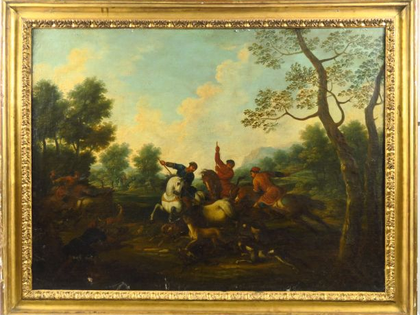 Ecole française XVIIème 'Scène de chasse'.  Huile sur toile 75 x 99 cm
