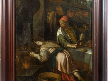 Ecole française XVIIIème 'Intérieur de cuisine'  Huile sur toile, réen