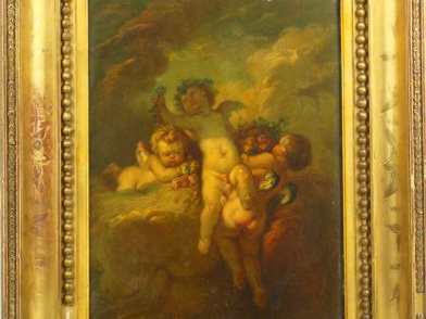 Ecole française XIXème 'Les trois Puttis'.  Huile sur panneau 32 x 24,