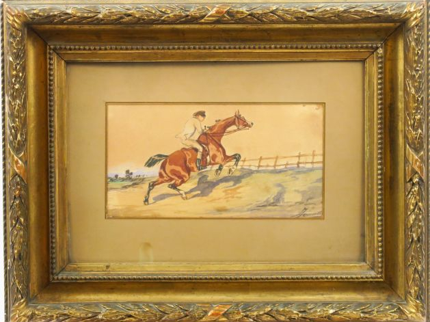 Ecole anglaise fin XIXème 'le saut d'obstacle'. Aquarelle, signée en b