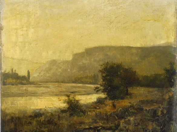Ecole française XIXème 'bord de rivière'.  Huile sur toile, signée en 