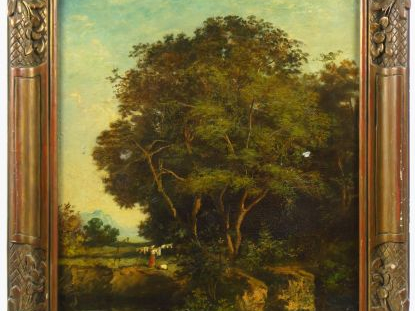 Emile BERTRAND 'La lavandière dans un paysage au grand arbre'.  Huile 