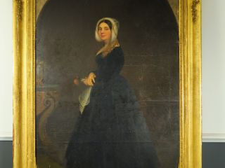 CHAPROT "Grand portrait de dame en robe noire" Huile sur toile, signée