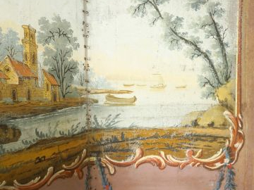 Paravent XVIIIème en toile peinte à décor de paysage lacustre animé,4 