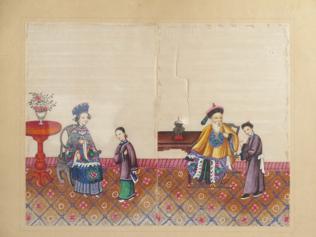 Paire de gouaches sur papier de riz. Canton fin XIXème. 32 x 41,5 cm (