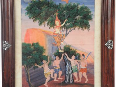 Suite de sept gouaches sur papier représentant des scènes du Ramayana 