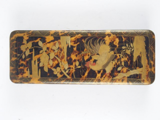 Vente aux enchères Boite rectangulaire en écaille blonde à décor doré de cops et de pivoi