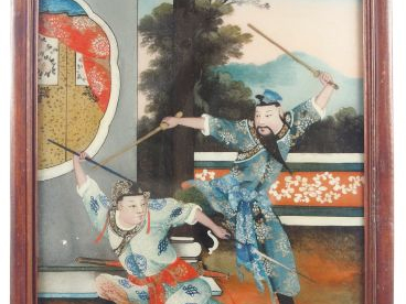 Fixé sous verre "Scène de combat de théâtre". Chine deuxième moitié du