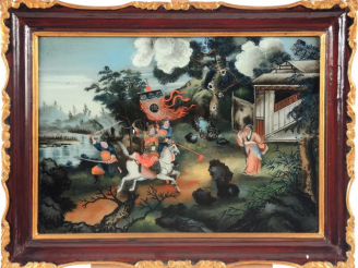 Vente aux enchères Suite de 8 fixés sous verre 'personnages et scènes de cour' (un accide