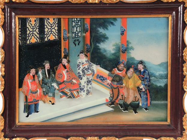 Suite de 8 fixés sous verre 'personnages et scènes de cour' (un accide