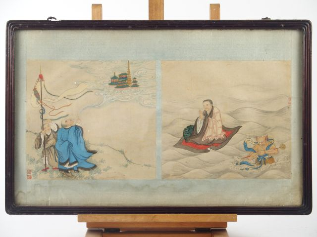 Suite de 8 feuilles d'albums représentant Bouddha et les disciples du 