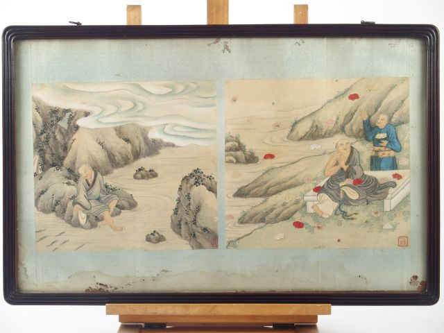 Suite de 8 feuilles d'albums représentant Bouddha et les disciples du 