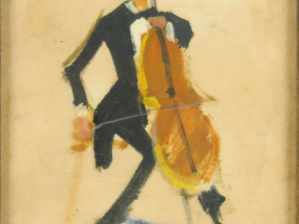 Vente aux enchères WANLY "Violloncelliste" Gouache sur papier.  Signée en  bas à droite. 