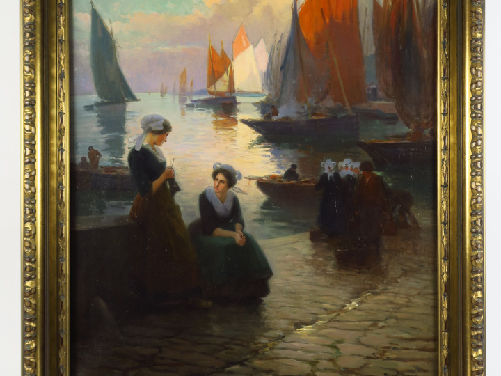 Henri Alphonse BARNOIN "Scène animée sur le port" Huile sur toile.  Si