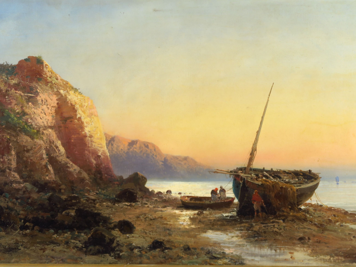 GODCHAUX "Scène de pêche" Huile sur toile.  Signée en bas à gauche.  4