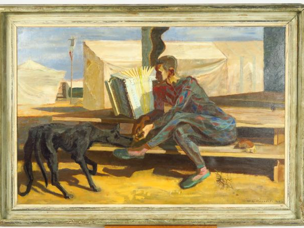 M.G PONCELET "Le bateleur" Huile sur toile.  Signée et datée 1936 en b