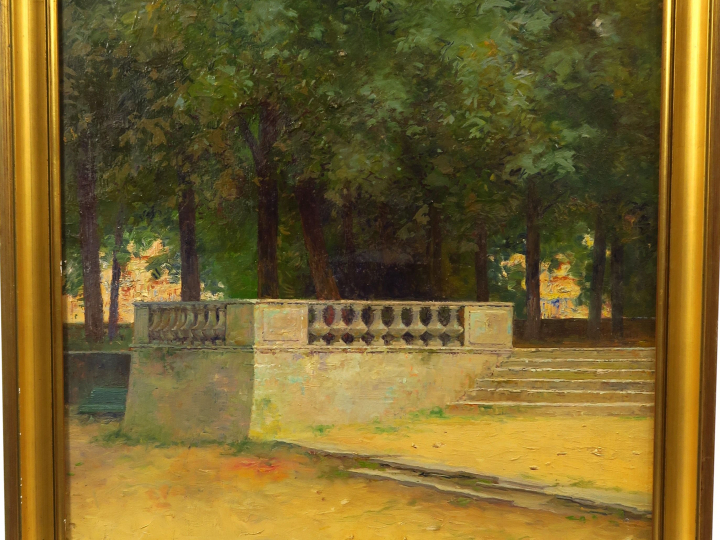 Albert REGAGNON. "Coin de parc à Nimes" Huile sur panneau, signée, sit