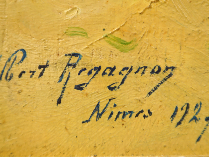 Albert REGAGNON. "Coin de parc à Nimes" Huile sur panneau, signée, sit