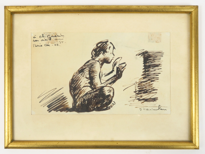 STEINLEN "Jeune homme près de l'âtre". Dessin à l'encre, signé en bas 