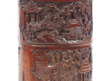 Porte pinceaux en bambou à décor d'une assemblée de lettrés auprès d'u