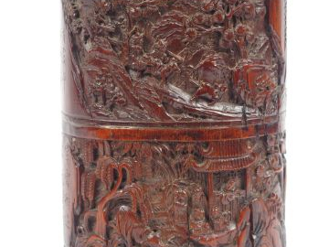 Porte pinceaux en bambou à décor d'une assemblée de lettrés auprès d'u