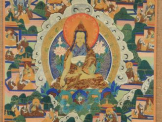 Vente aux enchères Tanka représentant une lama assis, prise de la terre à témoin entourée