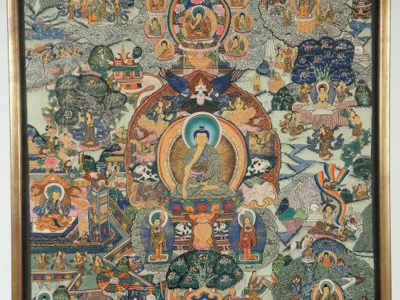 Tanka représentant cakiaumi, divers épisodes de sa vie.  Tibet, début 