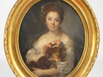 Vente aux enchères Ecole française XIXème "Portrait en médaillon d'une jeune femme au chi