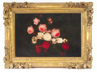 Vente aux enchères Ecole XIXème 'Bouquet de roses'. Huile sur toile, cadre en bois sculpt