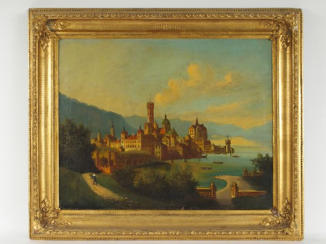 Ecole italienne XIXème 'Paysage de lacs italiens'. Paire d'huiles sur 